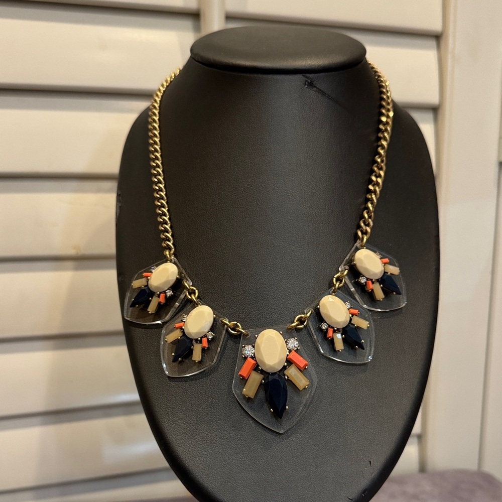 J Crew Starment Elegant Lucite  Gold and Navy‎ /Coral Statement Adj Necklace
